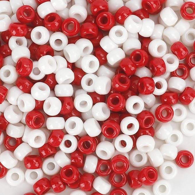 1100 pcs beads,pony beads,beads for jewelry making,beads for bracelets,hair beads,craft beads,plastic beads for crafts,hair beads for kids girls,kandi beads,small beads,red white pony beads(redwhite)