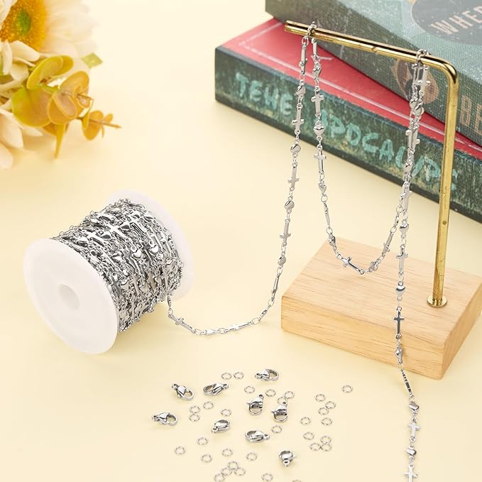 Jabogrii 4 Meters Cross Heart Chain Bulk Stainless Steel Chain for Jewelry Making Silver DIY Craft Jewelry Making Supplies