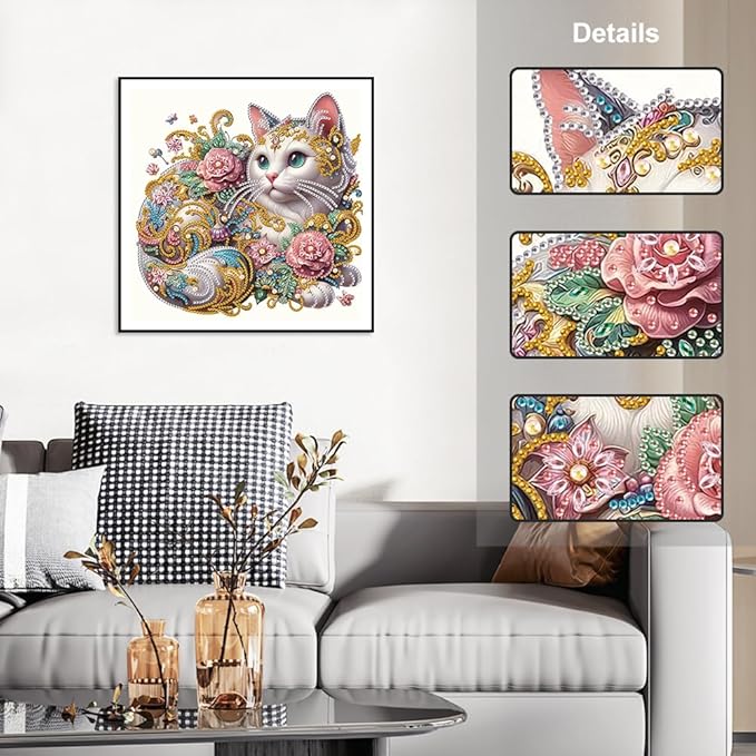 HvasJing Link Diamond Painting Kits for Adults Exquisite Floral Cat, 5D Full Drill Diamond Art Kit, Special Shaped Diamonds 11.8 x 11.8 Inch DIY Diamond Dots Craft, Relaxing Hobby Wall Decor