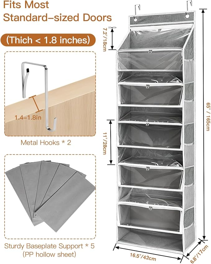 Hanging Yarn Storage Organizer, Large Capacity Over the Door Yarn Organizer with 6 Clear Zipper Pockets 10 Mesh Side Bags, Hanging Yarn Holder Knitting Storage Bag for Crochet Hooks, Grey
