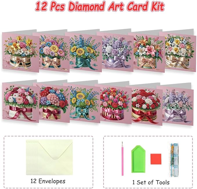 12 Packs Diamond Art Cards Kit, Diamond Painting Greeting Cards with Envelopes, DIY Card Making Kits for Adults, Gifts for Families, Friends, Partners (Bouquet)