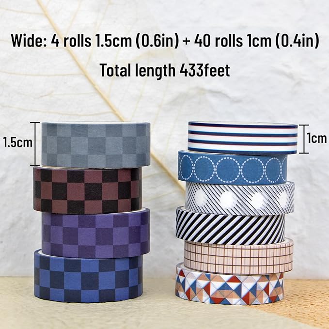 44 Rolls Washi Tape Set, 10 mm and 15 mm Wide Grid Colored Masking Tape for Scrapbooking Supplies, DIY Crafts, Journal Supplies, Planner, Junk Journal (Minimalist)