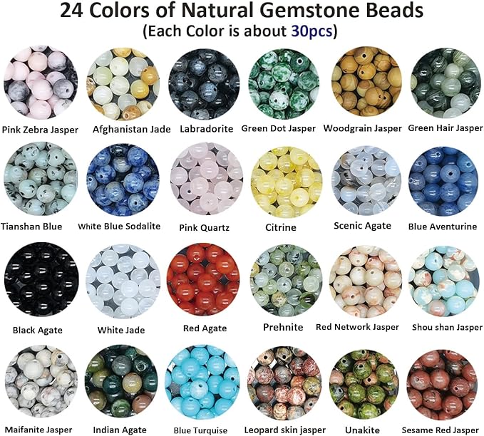 720pcs 6mm Natural Round Stone Beads Gemstone Beading Hole Size 1mm Crystal Energy Stone Healing for Bracelet Necklace Earrings Jewelry Making(24 Colors-2,6mm)