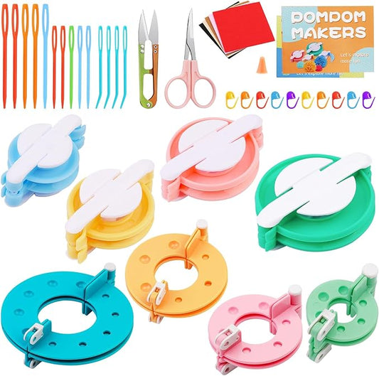 FTEVEN 41Pcs Pom Pom Maker Kit, 8 Size Pompom Maker Tools Set with Warped Head Scissor and Instruction, Used for Fluff Ball Weave DIY Crochet Knitting, Pom Pom Maker for Yarn Knitting Craft Project