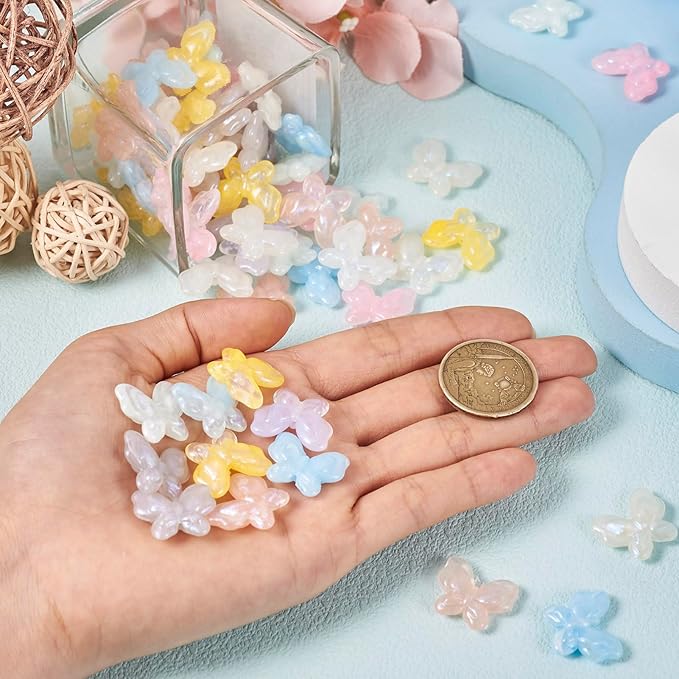 FASHEWELRY 80pcs Acrylic Butterfly & Pony Beads - Assorted Cute Kawaii Animals, Glitter, Colorful Kandi Bracelet & Necklace Beads for Jewelry Making