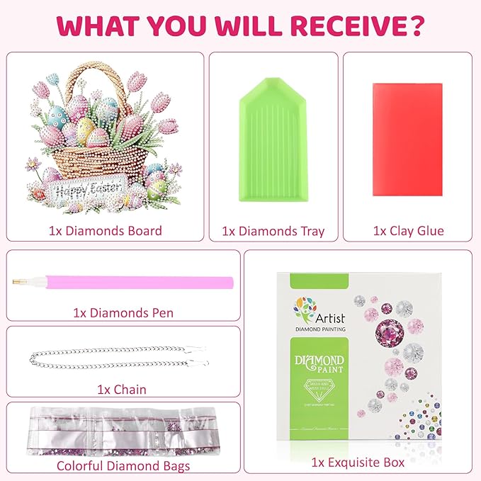 MEIYUDA Easter Egg Diamond Art Hanging Kits for Adult, Eggs Basket Diamond Painting Kits Ornaments, DIY Happy Easter Special Shaped Rhinestone Window Pendants kit for Home Garden Wall Decor Gift