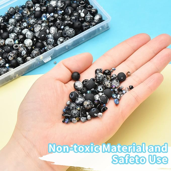 Glass Beads for Jewelry Making Adults, Black Bracelet Beads Set, 900pcs Including 8mm Assorted Round Beads, 4mm Bicone Crystal Beads, 2-4mm Spacer Seed Beads for Phone Charm, Earring, Necklace