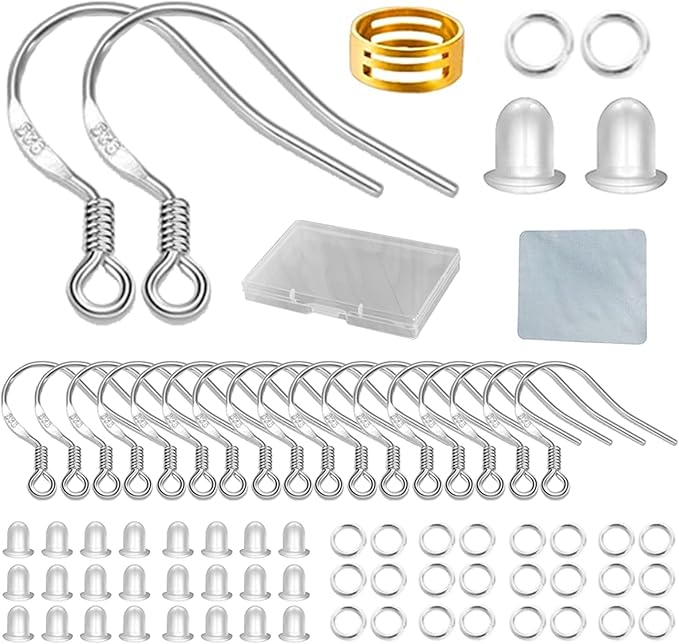 white gold earring hooks, 80 pcs/40 pairs ear wires fish hooks, 240pcs hypoallergenic earring making kit with jump rings and clear silicone earring backs stoppers