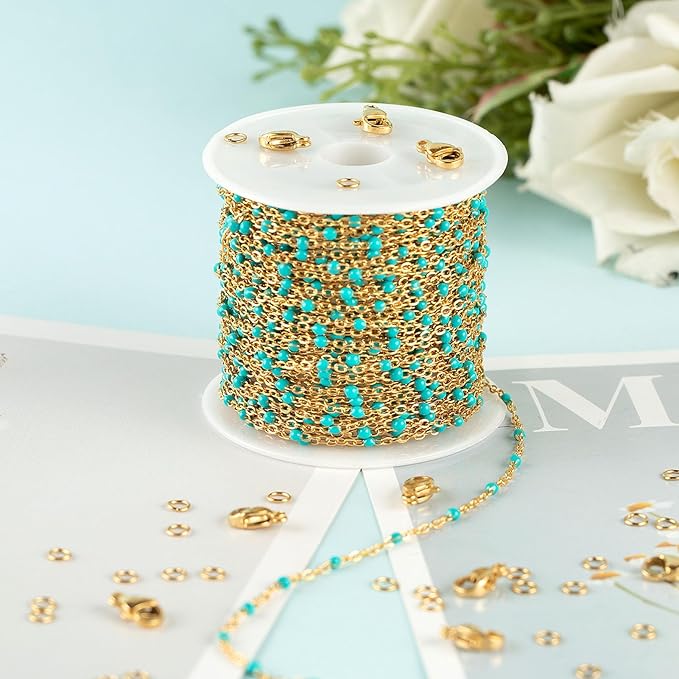 UMAOKANG 33ft/10m Turquoise Enamel Bead Chains for Jewelry Making Gold Plated Stainless Steel Jewelry Chain Roll