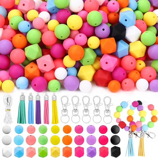 131 PCS Silicone Beads for Keychain Making Kit,12mm 15mm Round 14mm Polygonal Rubber Beads Multicolor Bulk Silicone Loose Beads for DIY Necklace Bracelet Jewelry Making Supplies