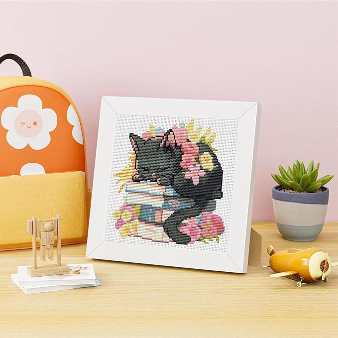 Black Cat Cross Stitch Kits For Beginner,Flowers Stamped Cross Stitch Kits Crafts For Adults with Wooden Framed,Embroidery Kit For Beginners,Partial 11CT Cross Stitch For Kids Home Decor 7.9x7.9inch