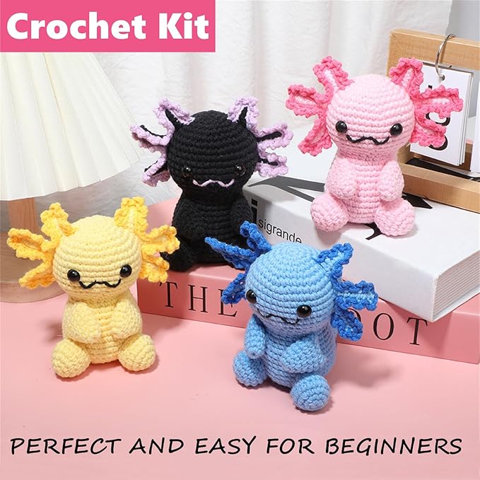 Milaflora 4Pack Axolotl Crochet Kit for Beginners Adults, DIY Crochet Animal Kit with Step-by-Step Video Tutorials, Crocheting Kits for Starters, Beginner Crochet Kit for Adults