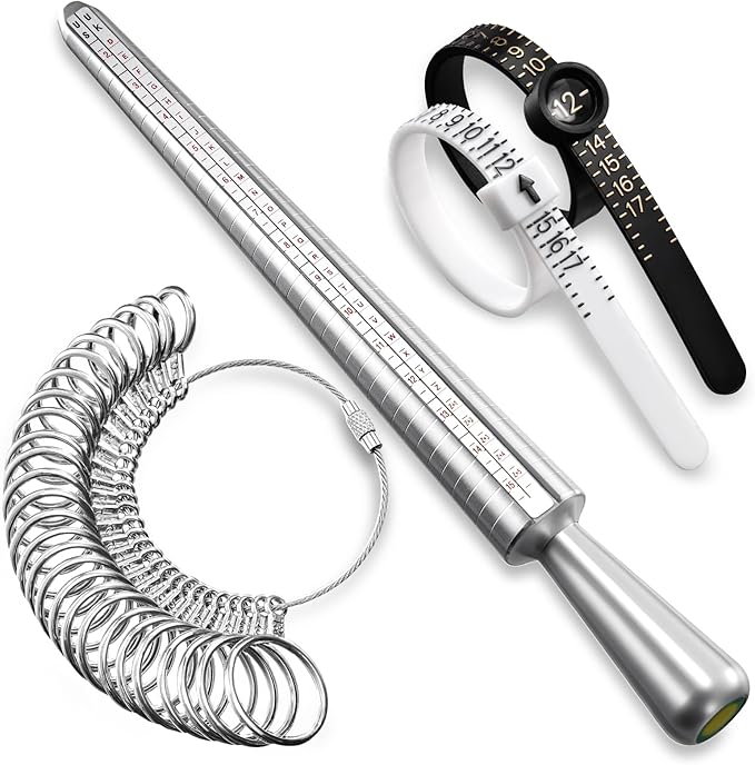 meowoo ring sizer measuring tool set, ring gauges with finger sizer mandrel ring sizer tools for jewelry sizing measuring, 4 pcs, silvery