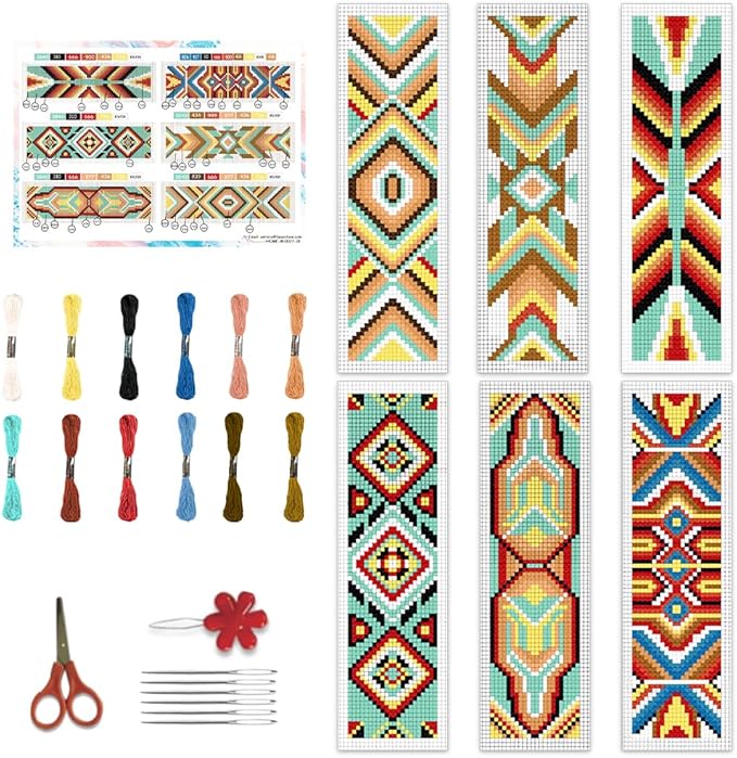 BEUNITONE Cross Stitch Bookmarks Kit 6 Pcs Geometric Pattern DIY Bookmarks Cross Stitch Kits for Beginners Boho Floral Fabric Bookmark Kit Traditional Decorative Counted Knitting Kit 8''x2.4''