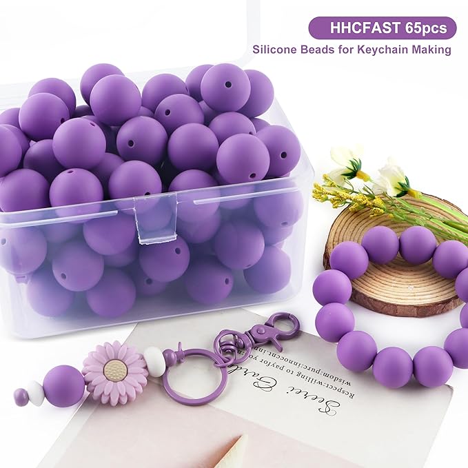 65Pcs 19mm Silicone Beads for Keychain Making Bracelet Necklace, Bulk Round Silicone Beads for Pens(Purple)