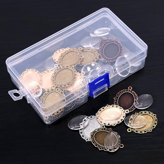 Swpeet 60 Pcs Pendant Trays Kit, Including 30 Pieces 5 Colors Pendant Trays Oval Bezels with 30 Pieces Glass Dome Tiles for Crafting DIY Jewelry Making