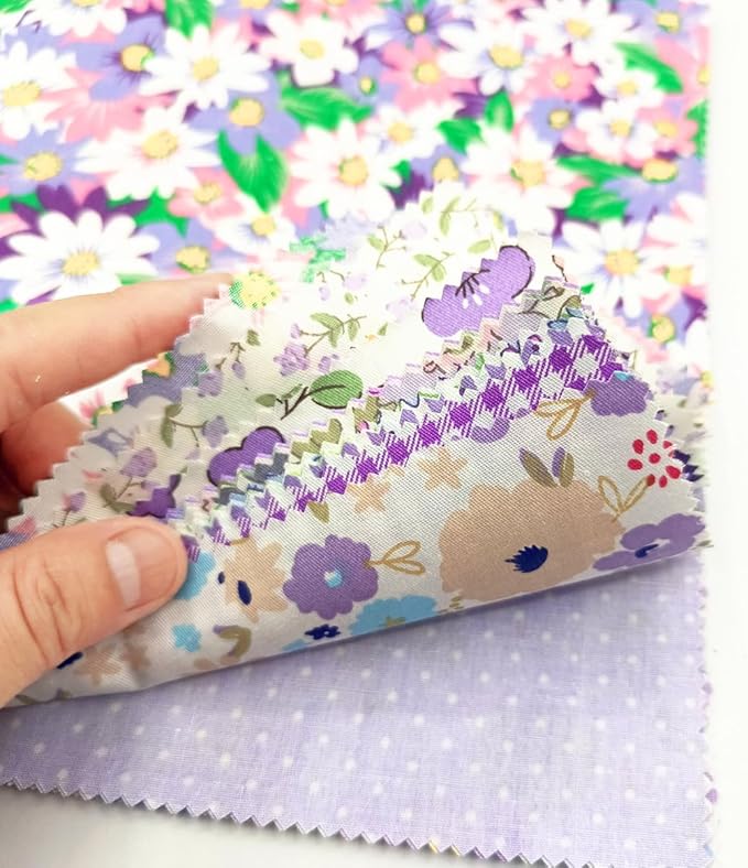 22Pcs 10" Purple Cotton Fabric Squares No Repeat Floral Charm Pack,Precut Quilt Fabric with Wavy Edges,Sewing Craft Swatches