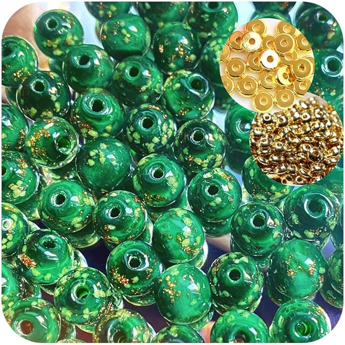 8mm 200pcs Glow in The Dark Glass Beads with Holes for Jewelry Making Bracelets Earrings Necklace Bulk Lampwork Solar Unique DIY Crafts Gold Spacer Beads Kit(100pcs Beads+100pcs Spacer)