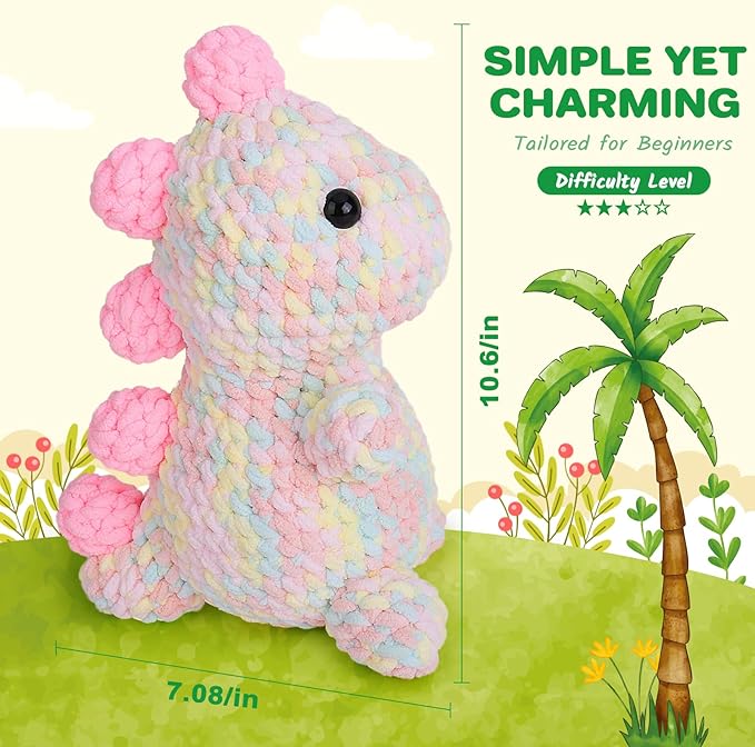 Crochetta Crochet Kit for Beginners, Amigurumi Crocheting Animals Kits w Step-by-Step Video Tutorials, Knitting Starter Pack for Adults and Kids, Jumbo Dinosaur (40%+ Yarn Content)