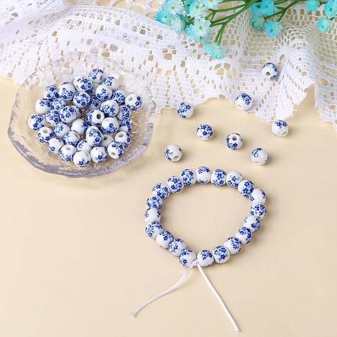 Ceramic Beads, 100Pcs Round Porcelain Beads 10mm Handmade Porcelain Blue Flower Printed Spacer Beads Craft Beading Kit for Jewelry Making Supplies DIY Crafts Bracelets Necklace