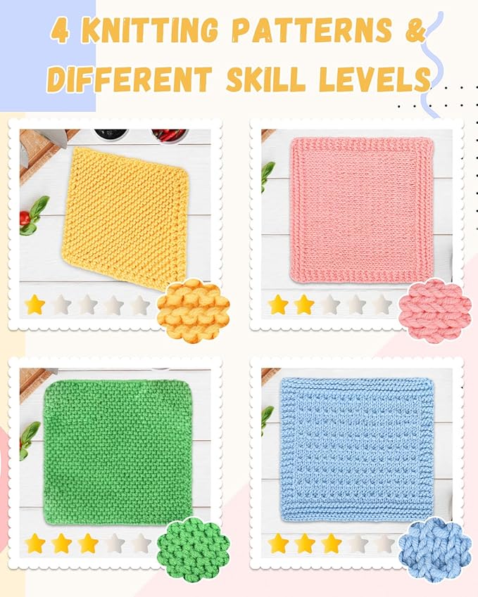 Aeelike Knitting Kit for Beginners, Complete Beginner Crochet Kit Easy Including Knitting Needles Set Cotton Yarn, Learn to Knit Dishcloth with Step-by-Step Instructions, Colorful