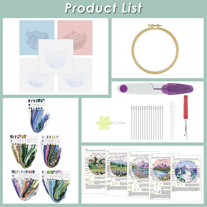 ERKOON Embroidery Kit for Beginners, 5 Sets Flower Cross Stitch Set for Adults Include Embroidery Cloth Hoops Threads for Craft Lover Hand Stitch with Skill Techniques (Landscape)