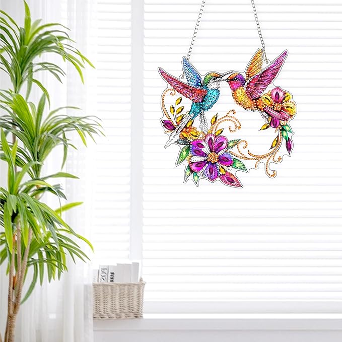 Lxmsja DIY Colorful Hummingbirds Diamond Painting Hanging Ornament, Double-Sided Acrylic Bright Flowers Diamond Art Kit, Special Shaped Suncatcher Hanging Pendant Window Art Kit 8x8 inch