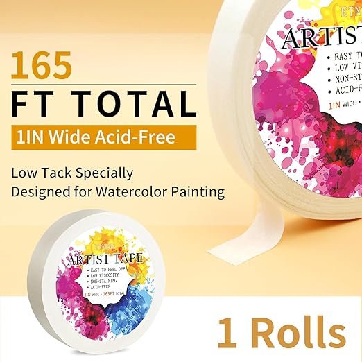 White Artist Tape for Watercolor Paper Drafting Art Low Tack Masking Tape Acid Free Painter Watercolor Tape for Painting Canvas Framing, 1 inch Wide 165FT Long Total