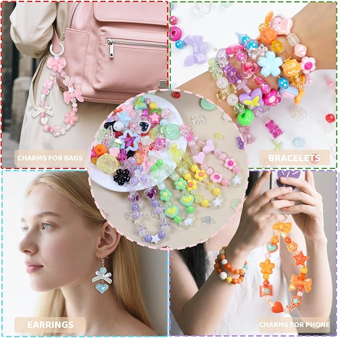 HSONAIGEE 200-220 Pieces Acrylic Beads for Bracelet Making, Assorted 4 Colors Cute Bead Charms Jewelry Making Kit Flower Heart Gummy Bear Star Beads for DIY Crafts Phone Charms Necklace Keychains