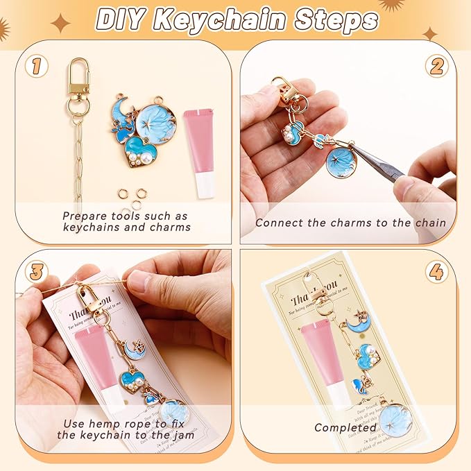 wurosi 24 set lip gloss keychain making kit, gold keychain clips hooks with extender chain, cellophane bags, thank you cards, 5m hemp rope, for diy key chain making crafts, christmas gifts