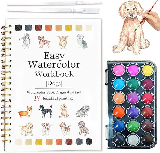 Easy Watercolor Workbook for Beginners - 12 Beautiful Step-by-Step Paintings Water Coloring Book, Includes 18 Colors Paints, Relaxing Art Projects and Creative Gift for Adults & Teen (Dogs)