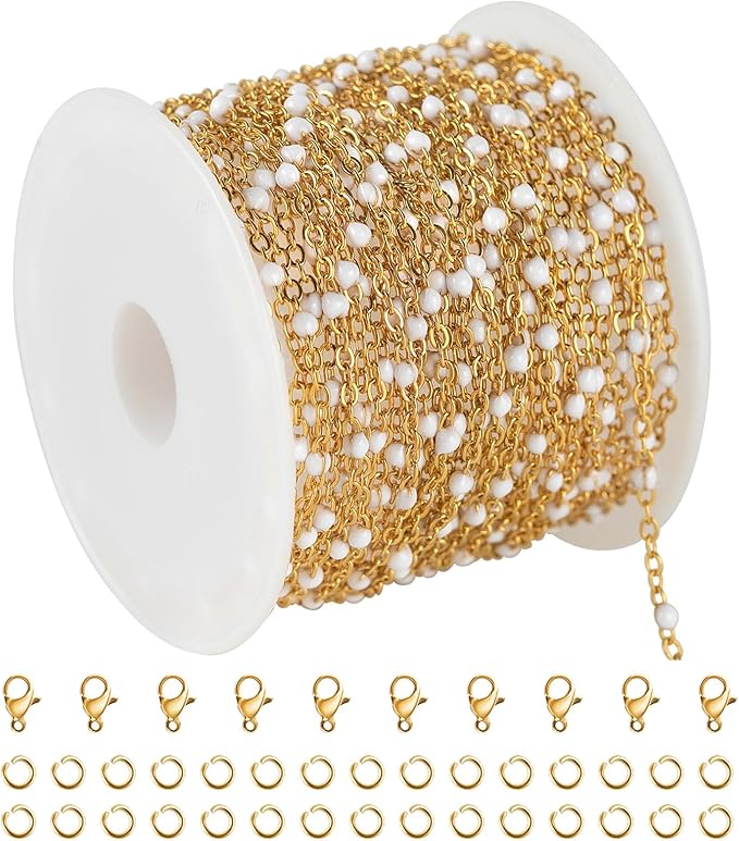 KYUNHOO 16.4 Feet/5M Stainless Steel Beaded Chain for Jewelry Making - Gold Plated Bulk Thin Cable Link With Findings for DIY Craft