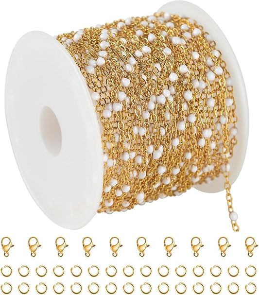 KYUNHOO 16.4 Feet/5M Stainless Steel Beaded Chain for Jewelry Making - Gold Plated Bulk Thin Cable Link With Findings for DIY Craft
