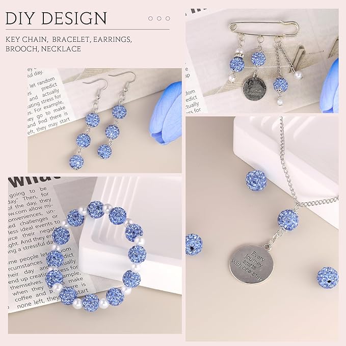 150 pcs 10mm Rhinestone Beads for Jewelry Making, Light Blue Shiny Round Shamballa Disco Beads Bulk, Sparkle Crystal Clay Christmas for Bracelet Baseball Necklace Earring Crafting and DIY