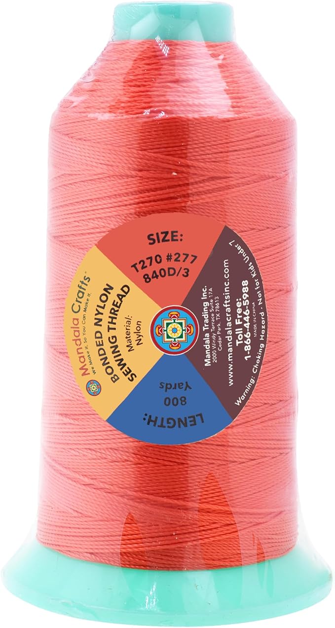 Mandala Crafts Size 277 840D T270 Bonded Nylon Thread - Coral 800 YDs Tex 270 Heavy Duty Sewing Threads for Leather, Jeans, Weaving, Outdoor Marine Upholstery