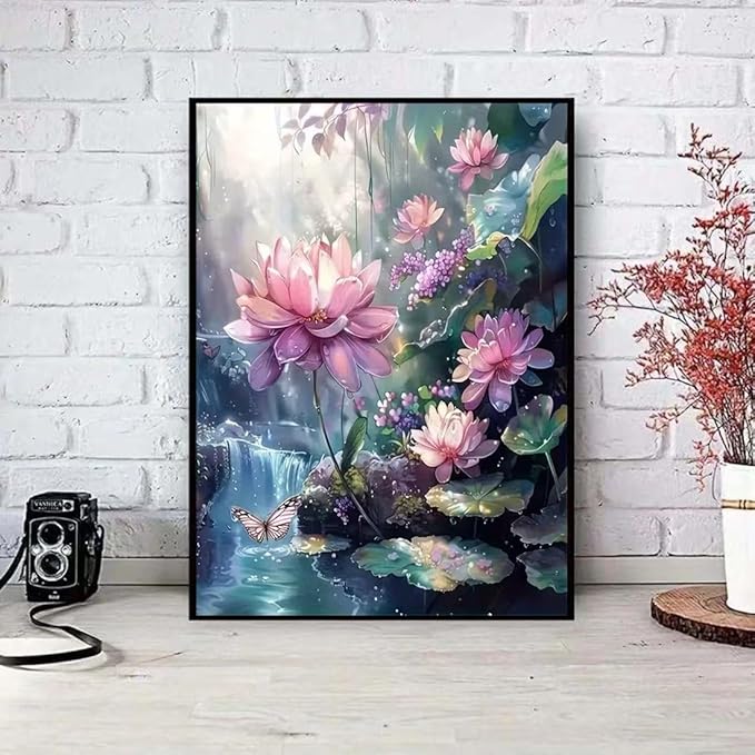 SHICERNHJ 5D Diamond Art Kits for Adults,Lotus Flower Diamond Painting Kits for Beginners,DIY Full Drill Diamond Dots Scenery Paintings with Gem Art Crafts for Adulta Home Decor 12 x 16 inch