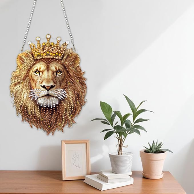 NAIMOER Diamond Art Hanging Kits for Adults Lion 5D Special Shaped Rhinestone, DIY Acrylic Diamond Art Painting Window Pendants Home Garden Wall Hanging Ornament Kits, Double Sided