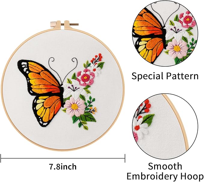 Nuberlic 3 Pack Funny Embroidery Kits for Adults Beginner, Stamped Cross Stitch Kit for Crafts Starters with Cute Bees Butterfly Patterns Include Hoop Cloth Thread Needles Instructions