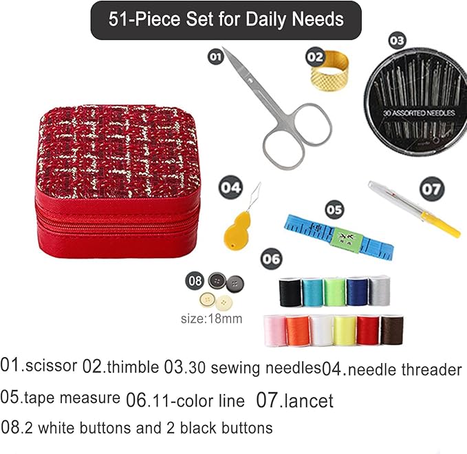 Mini Sewing Kit in Stylish Leather Case – Complete Set with Scissors, Needles, Thread, Needle Threader, Thimble & More – Perfect for Beginners & Travel (Red)