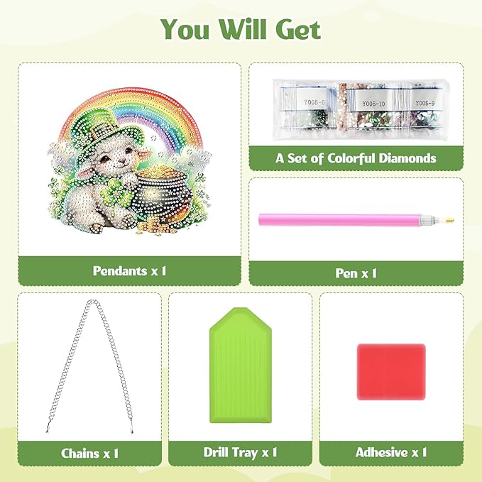 GHHKUD Sheep Diamond Art Hanging Kit for Adults, DIY Double Sided Diamond Painting Hanging St.Patrick's Day, Special Shaped Acrylic Ornaments Pendants for Window Home Garden Wall