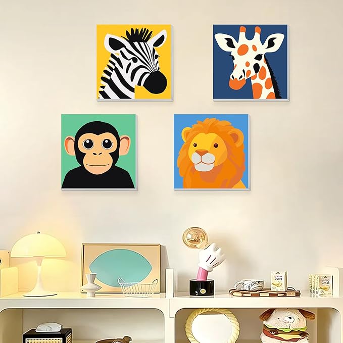 KEYIFA 4 Pack Paint by Numbers Kids Kit with Frame, Easy Animal Painting Kits for Adult Beginners, DIY Acrylic Painting on Framed Canvas for Home Decor Gift, 8x8 in (Orangutan+Lion+Zebra+Giraffe)