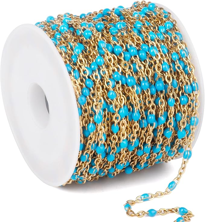 33 Feet Gold Enamel Chains Bulk, 2mm 18K Gold PVD Plated 304 Stainless Steel Light Blue Enamel Beaded Cable Link Chain Roll Spool for Jewelry Making