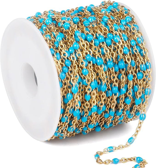 33 Feet Gold Enamel Chains Bulk, 2mm 18K Gold PVD Plated 304 Stainless Steel Light Blue Enamel Beaded Cable Link Chain Roll Spool for Jewelry Making