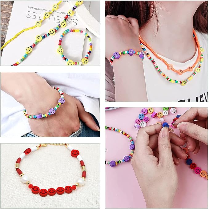 200PCS Colorful Smiley Face Beads 10mm Round Happy Face Polymer Clay Beads for Jewelry Making