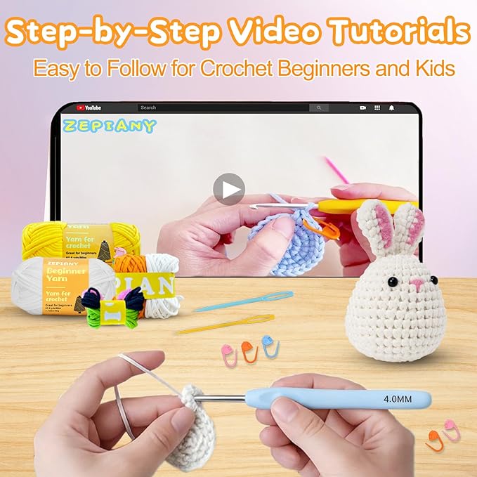 Zepiany Crochet Kit for Beginners, Bunny Egg-Chick Amigurumi Knitting Kit with Crochet Yarn, Easy Crocheting Kit for Beginner Starter Adults with Step-by-Step Video for Easter Women's Day Gift