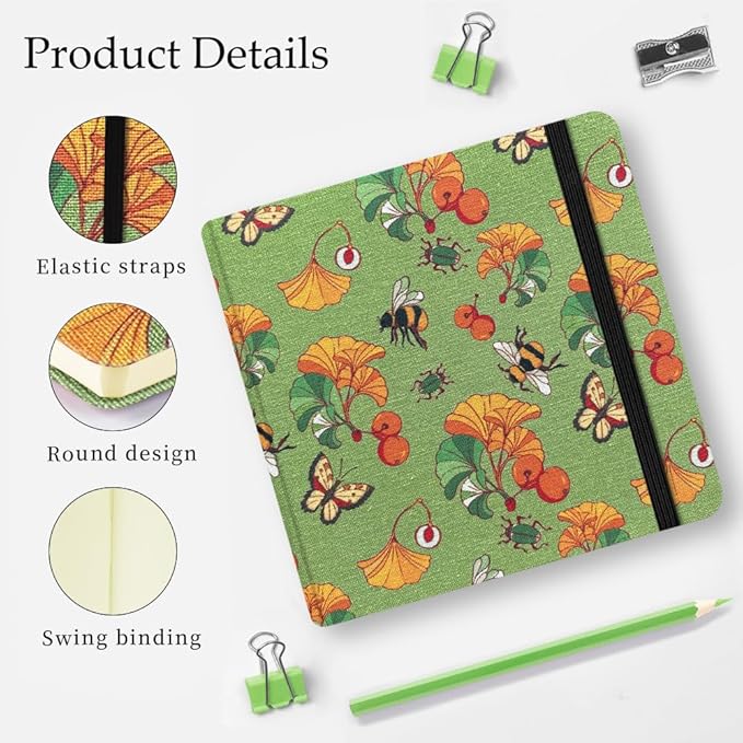 Mifuner 4.8x4.8in 80gsm Mini Notebooks Art Blank Pages Sketchbooks Travel Journal Pocket Hardcover Paint Writing Notebook Blank Diary Memo Planner Sketchbook Fabric Cover.Ginkgo Leaf