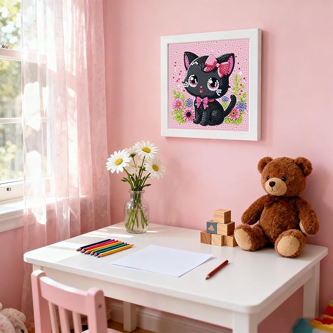 PERFECTSIGHT Cute 5D Diamond Art Kits with Wooden Frame, Kawaii DIY Painting Art for Adults, Diamond Arts and Crafts Sets, Big Gem Full Drill Diamond Dots for Women (Black Cat)