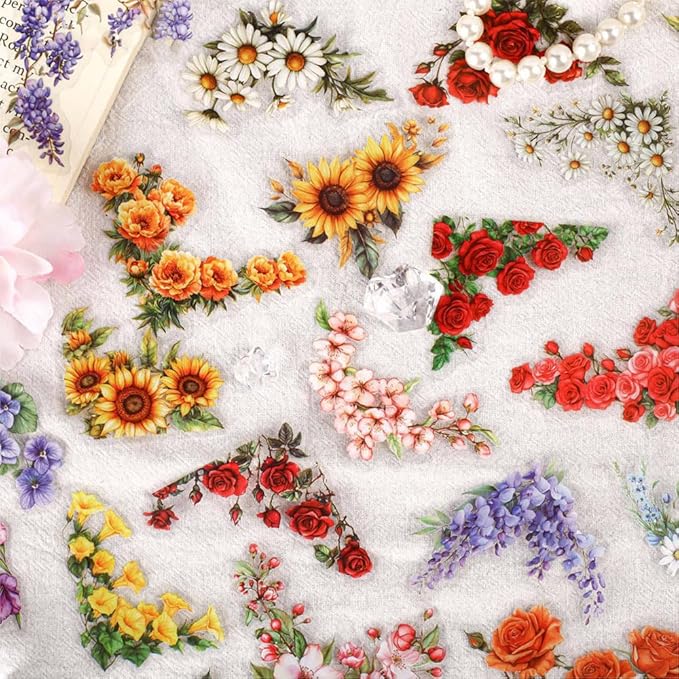 120pcs Flower Corner Series Sticker Pack, PET Flower Stickers for Scrapbooking Journaling Colorful Flowers Scrapbook Stickers Aesthetic Decor Scrapbook Kit Floral Sticker Set Junk Journal Supplies