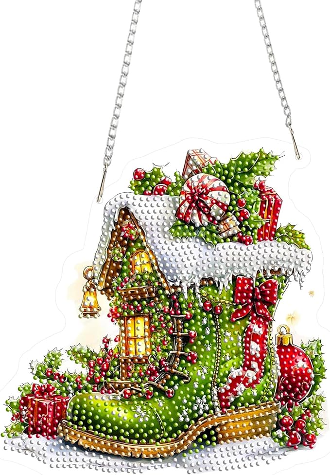 EMIEAUFG Christmas Diamond Art Hanging Kit for Adult, Xmas Boots Diamond Art Pendants, Double Sided Acrylic & 5D Special Shaped Rhinestone, Christmas DIY Ornament for Window Home Wall Decor