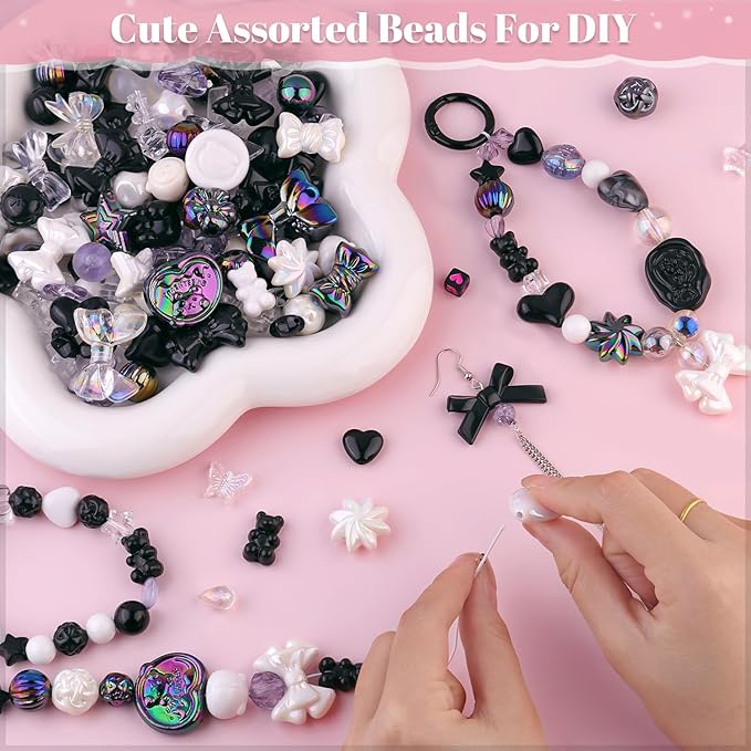 200-260pcs tinkrstuff assorted acrylic beads black cute beads for bracelet making, bow aesthetic gummybear flower candy butterfly kawaii charms for jewelry making diy necklace keychain phone charm